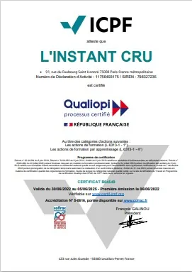 Attestation Qualiopi de L'Instant Cru